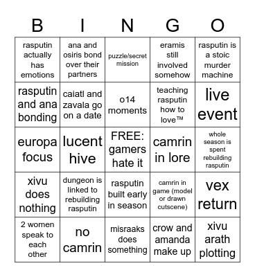 season 19 bingo Card