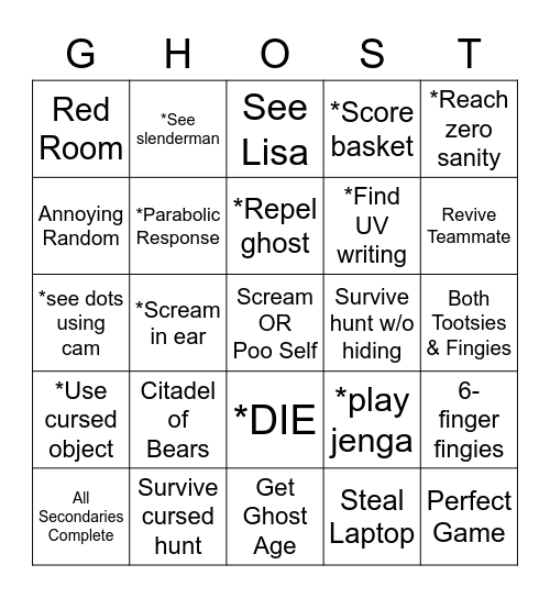 Phasmophobia Bingo Card