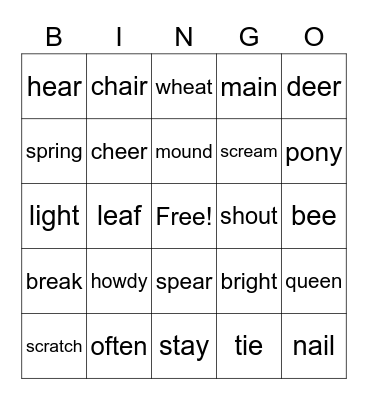 Spelling Pattern Bingo Card