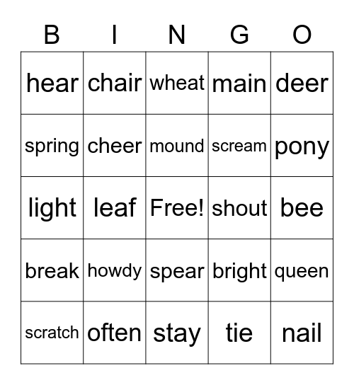 Spelling Pattern Bingo Card