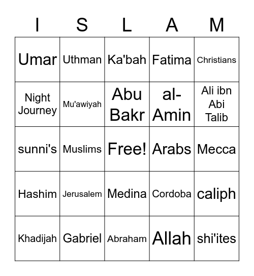Origins of Islam Bingo Card