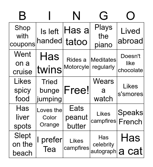 Getting to Know You Bingo Card