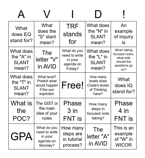 AVID Fall Semester Review Bingo Card