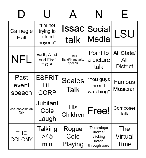 Minnick Bingo Card