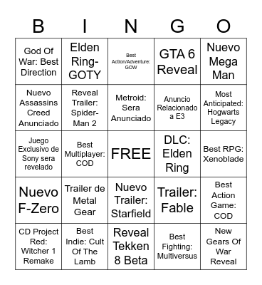 Game Awards Bingo Card