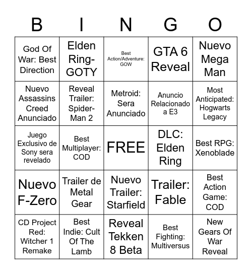 Game Awards Bingo Card