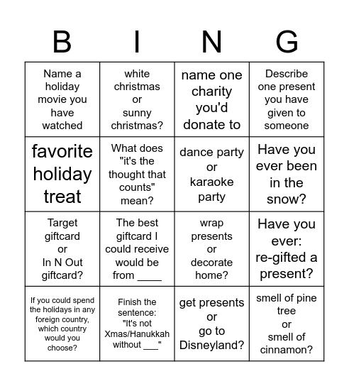 Winter Holiday BING Bingo Card