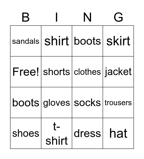 Clothes Bingo Card