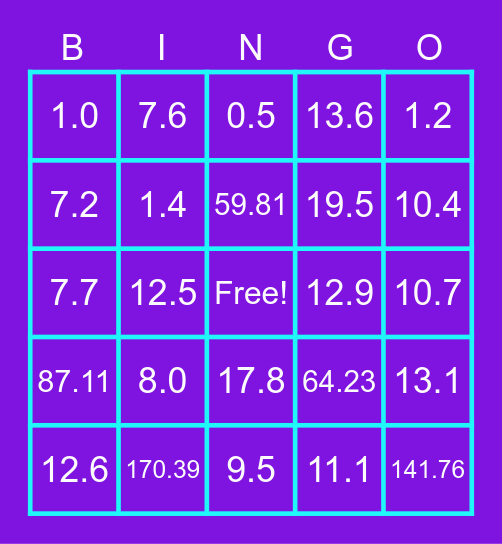 BINGO #5 Add & Sub Decimals Bingo Card