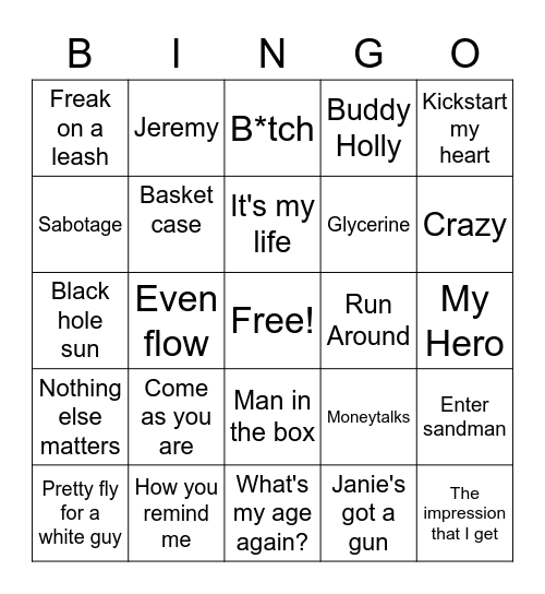 90s Rock Bingo Card