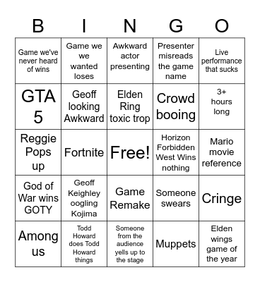 Game awards Bingo Card