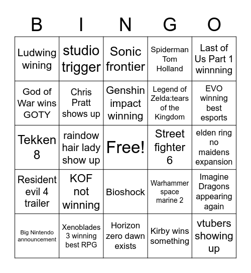 Games award Bingo Card