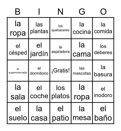 Los quehaceres (Nouns) Bingo Card