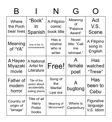 Literary-Go! Bingo Card