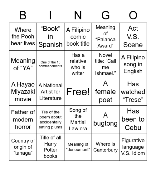 Literary-Go! Bingo Card