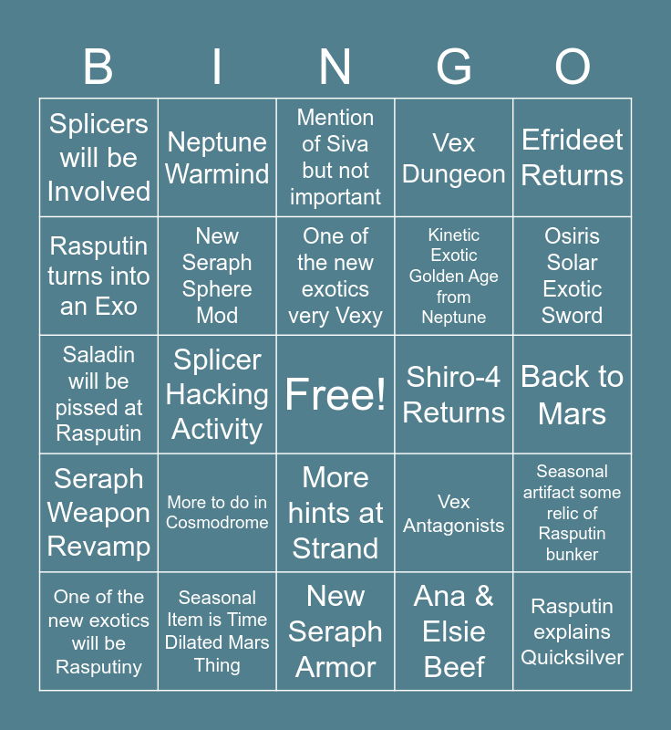 Destiny 2 Rasputin Season Bingo Card