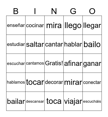 Spanish -AR verbs Regular Bingo Card