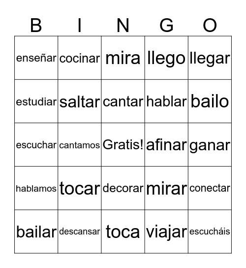 Spanish -AR verbs Regular Bingo Card