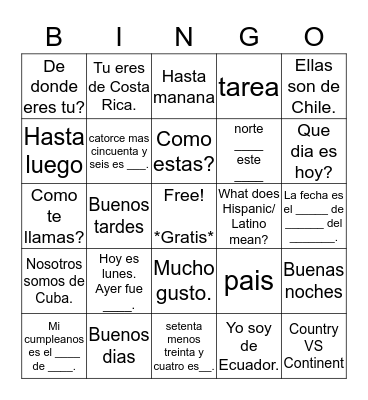 Spanish Unit 3 Bingo Card