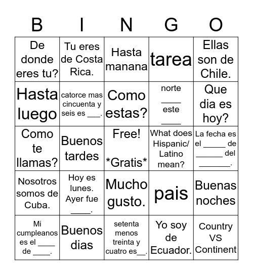 Spanish Unit 3 Bingo Card