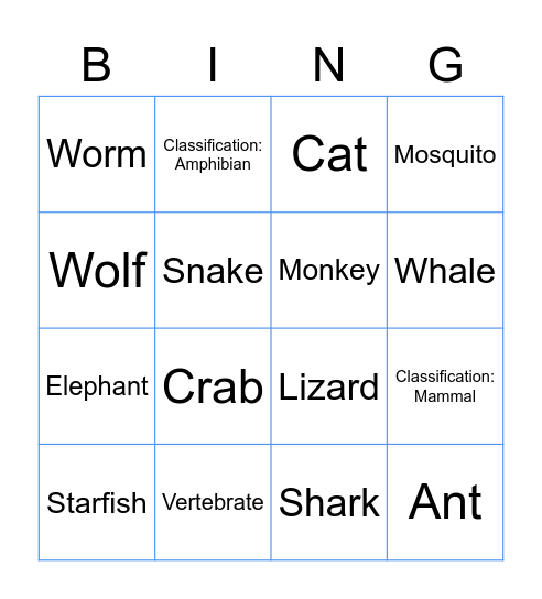 Animal Classification Bingo Card