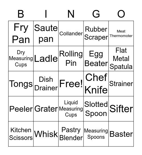 Kitchen Utensil BINGO Card