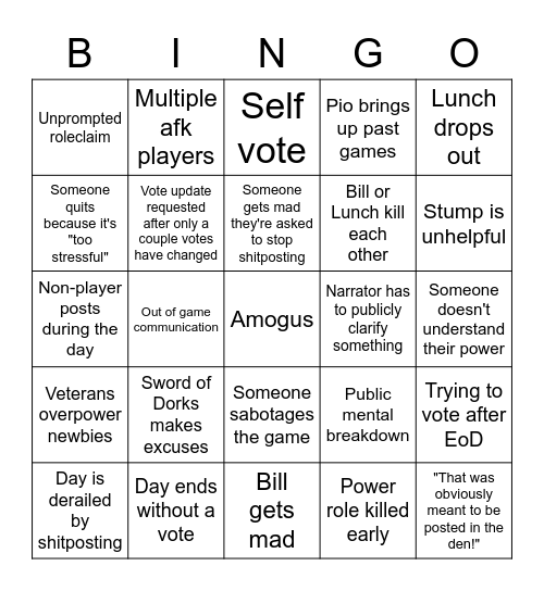 Newbie Mafia Bingo Card