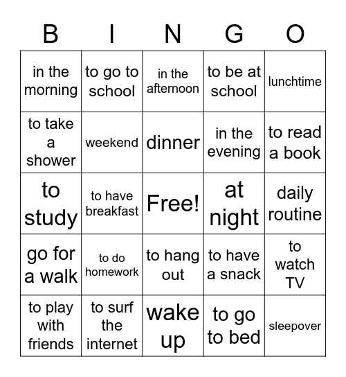 My Day Vocabulary Bingo Card
