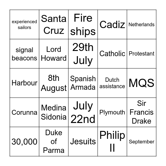 Spanish Armada Bingo Card