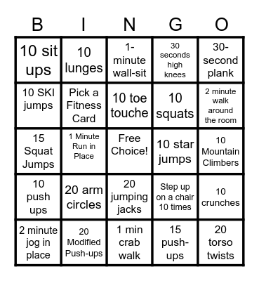 Physical Activity Bingo Card