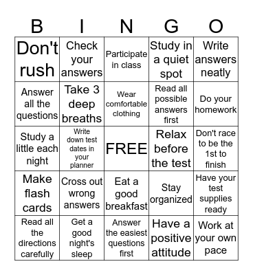Test Taking Tips Bingo Card