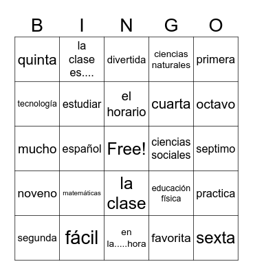 Realidades 2A Vocabulary Bingo Card