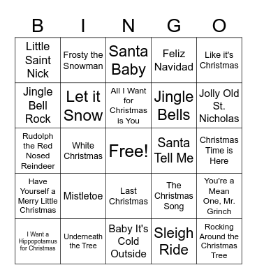 Holiday Song Bingo Card