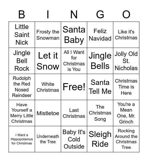 Holiday Song Bingo Card