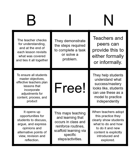 High Impact Teaching Strategies Bingo Card