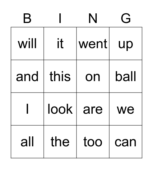 Jaxson's High Frequency Words Bingo Card