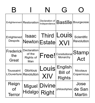 Revolutions Bingo Card