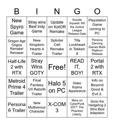Game Awards 2022 Bingo Card