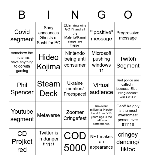Game Awards 2022 Bingo Card