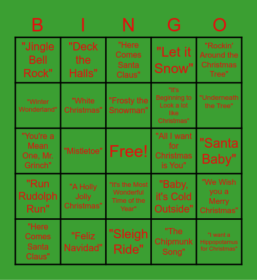 Holiday Music BINGO Card