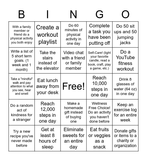 Holiday Wellness Bingo Card