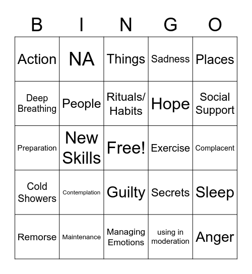 Substance Use Bingo Card