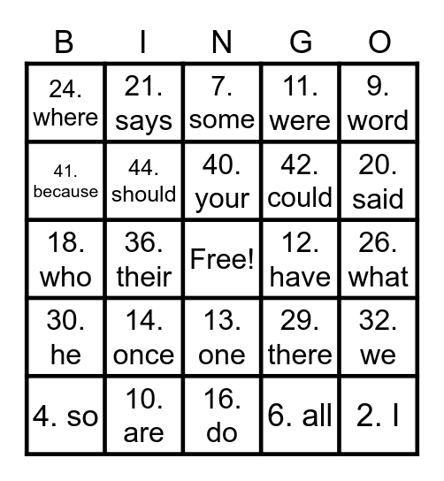 Tricky Words Bingo Card