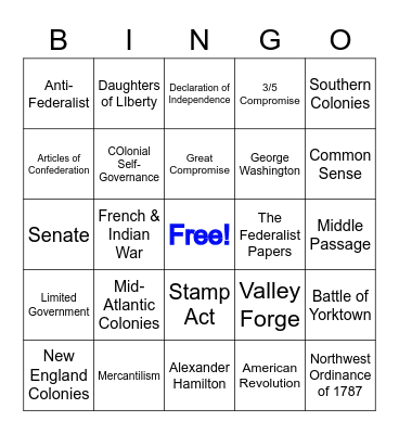 Domain I (SSUSH1-5) Bingo Card