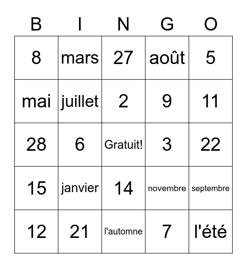 Les mois et les saisons Bingo Card