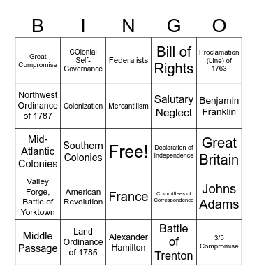 Domain I (SSUSH1-5) Bingo Card