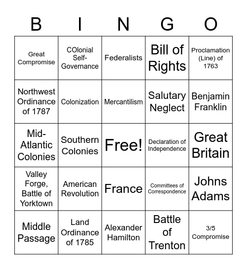 Domain I (SSUSH1-5) Bingo Card