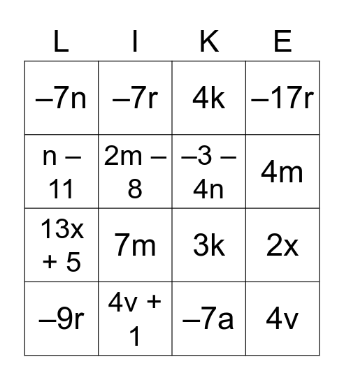 Combining Like Terms Bingo Card