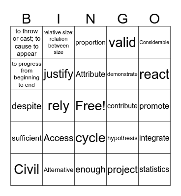 Regular Vocabulary Bingo Card