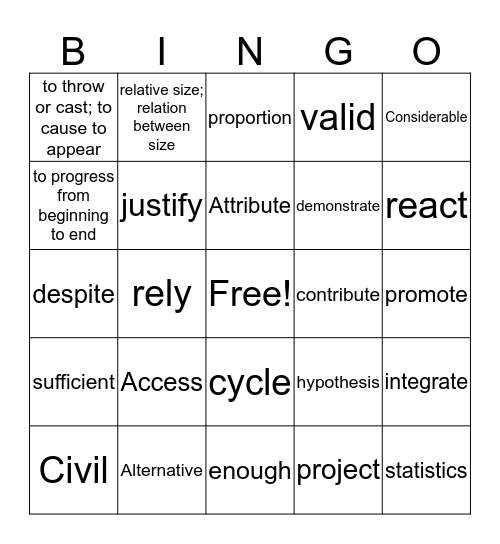 Regular Vocabulary Bingo Card